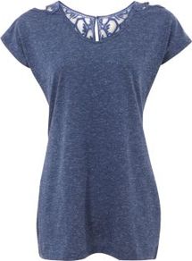 Blue Crochet Back T Shirt - neckline: round neck; sleeve style: capped; pattern: plain, patterned/print; length: below the bottom; style: t-shirt; shoulder detail: contrast pattern/fabric at shoulder; back detail: contrast pattern/fabric at back, keyhole/peephole detail at back; predominant colour: navy; occasions: casual, work, holiday; fibres: cotton - 100%; fit: loose; sleeve length: short sleeve; pattern type: fabric; pattern size: small & light; texture group: jersey - stretchy/drapey