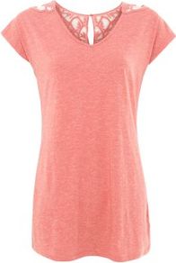 Pink Crochet Back T Shirt - neckline: v-neck; sleeve style: capped; pattern: plain, patterned/print; length: below the bottom; style: t-shirt; shoulder detail: contrast pattern/fabric at shoulder; back detail: contrast pattern/fabric at back, keyhole/peephole detail at back; predominant colour: pink; occasions: casual, work; fibres: cotton - 100%; fit: loose; sleeve length: short sleeve; pattern type: fabric; pattern size: small & light; texture group: jersey - stretchy/drapey