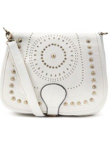 Cream Stud Saddle Bag - predominant colour: ivory; occasions: casual, holiday; type of pattern: light; style: saddle; length: across body/long; size: small; material: faux leather; embellishment: studs; pattern: plain, two-tone, patterned/print; finish: plain