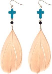 Turquoise And Peach Cross Feather Earrings - predominant colour: nude; occasions: casual, evening, occasion, holiday; style: drop; length: long; size: large/oversized; material: chain/metal; fastening: pierced; finish: plain; embellishment: beading, feathers