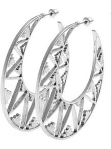 Silver Aztec Cut Out Hoop Earrings - predominant colour: silver; occasions: casual, evening, work, occasion, holiday; style: hoop; length: long; size: large/oversized; material: chain/metal; fastening: pierced; trends: metallics; finish: metallic