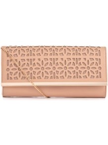 Shell Pink Cut Out Clutch - predominant colour: blush; occasions: evening, occasion; type of pattern: standard; style: clutch; length: hand carry; size: small; material: faux leather; embellishment: applique, chain/metal; pattern: florals, plain, patterned/print; finish: plain