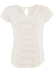 White Stripe Knit Keyhole T Shirt - neckline: round neck; sleeve style: capped; pattern: plain, horizontal stripes, striped; style: t-shirt; predominant colour: white; occasions: casual; length: standard; fibres: polyester/polyamide - mix; fit: straight cut; back detail: keyhole/peephole detail at back; sleeve length: short sleeve; pattern type: fabric; pattern size: standard; texture group: jersey - stretchy/drapey