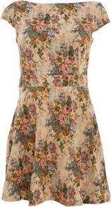 Cream Floral Taperty Cap Sleeve Skater Dress - length: mid thigh; neckline: slash/boat neckline; sleeve style: capped; waist detail: fitted waist; back detail: low cut/open back; occasions: casual, evening, occasion; fit: fitted at waist & bust; style: fit & flare; fibres: cotton - mix; hip detail: soft pleats at hip/draping at hip/flared at hip; predominant colour: multicoloured; sleeve length: short sleeve; texture group: ornate wovens; trends: high impact florals, volume; pattern type: fabric; pattern size: big & busy; pattern: florals, patterned/print