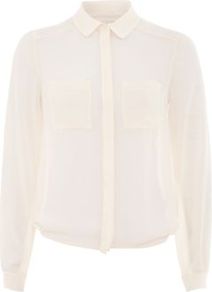 Cream Sheer Boxy Shirt - neckline: shirt collar/peter pan/zip with opening; pattern: plain; style: shirt; predominant colour: ivory; occasions: casual, evening, work; length: standard; fibres: polyester/polyamide - 100%; fit: straight cut; sleeve length: long sleeve; sleeve style: standard; texture group: sheer fabrics/chiffon/organza etc.; pattern type: fabric; pattern size: standard