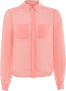 Pink Sheer Boxy Shirt - neckline: shirt collar/peter pan/zip with opening; pattern: plain; style: shirt; predominant colour: pink; occasions: casual, evening, work; length: standard; fibres: polyester/polyamide - 100%; fit: straight cut; sleeve length: long sleeve; sleeve style: standard; texture group: sheer fabrics/chiffon/organza etc.; pattern type: fabric; pattern size: standard