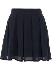 Navy Chiffon Box Pleat Skater Skirt - length: mini; pattern: plain; fit: loose/voluminous; waist: mid/regular rise; predominant colour: navy; occasions: casual, evening, work; style: a-line; fibres: polyester/polyamide - 100%; hip detail: structured pleats at hip; waist detail: narrow waistband; texture group: sheer fabrics/chiffon/organza etc.; pattern type: fabric