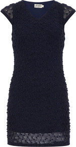 Navy Knit And Lace Dress - style: shift; length: mid thigh; neckline: v-neck; sleeve style: capped; hip detail: fitted at hip; predominant colour: navy; occasions: evening, occasion; fit: body skimming; fibres: acrylic - mix; sleeve length: short sleeve; texture group: lace; pattern type: fabric; pattern size: small & busy; pattern: florals