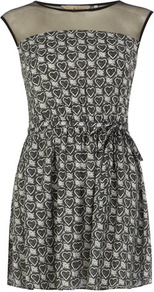 Petite Sheer Yoke Heart Dress - length: mid thigh; neckline: round neck; sleeve style: capped; bust detail: sheer at bust; shoulder detail: contrast pattern/fabric at shoulder; waist detail: belted waist/tie at waist/drawstring; predominant colour: charcoal; occasions: evening, work, occasion; fit: fitted at waist & bust; style: fit & flare; fibres: polyester/polyamide - 100%; hip detail: soft pleats at hip/draping at hip/flared at hip; sleeve length: sleeveless; trends: statement prints; pattern type: fabric; pattern size: small & busy; pattern: patterned/print; texture group: other - light to midweight
