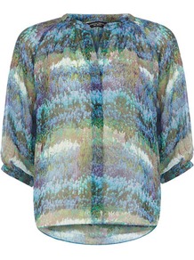 Blue Striped Floral Top - sleeve style: balloon; style: blouse; occasions: casual, evening, work, holiday; length: standard; neckline: mandarin with v-neck; fibres: polyester/polyamide - 100%; fit: straight cut; back detail: longer hem at back than at front; predominant colour: multicoloured; sleeve length: 3/4 length; texture group: sheer fabrics/chiffon/organza etc.; trends: statement prints, volume; pattern type: fabric; pattern size: small & busy; pattern: florals