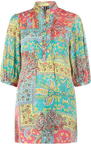 Turquoise Eastern Print Top - style: tunic; sleeve style: balloon; bust detail: buttons at bust (in middle at breastbone)/zip detail at bust; occasions: casual, holiday; neckline: mandarin with v-neck; fibres: polyester/polyamide - stretch; fit: loose; length: mid thigh; predominant colour: multicoloured; sleeve length: 3/4 length; texture group: sheer fabrics/chiffon/organza etc.; trends: statement prints; pattern type: fabric; pattern size: big & busy; pattern: patterned/print