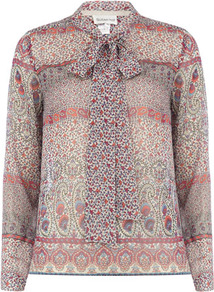 Purple Ethnic Print Top - neckline: pussy bow; style: blouse; occasions: casual, evening, work; length: standard; fibres: polyester/polyamide - 100%; fit: straight cut; predominant colour: multicoloured; sleeve length: long sleeve; sleeve style: standard; texture group: sheer fabrics/chiffon/organza etc.; trends: statement prints; pattern type: fabric; pattern size: small & busy; pattern: patterned/print