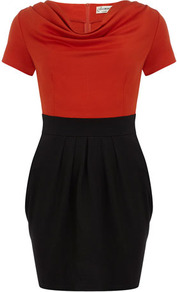 Orange Cowl Neck Block Dress - neckline: cowl/draped neck; sleeve style: capped; waist detail: fitted waist; style: tulip; predominant colour: true red; occasions: casual, evening, work; length: just above the knee; fit: fitted at waist & bust; fibres: polyester/polyamide - stretch; sleeve length: short sleeve; pattern type: fabric; pattern size: big & light; pattern: colourblock; texture group: jersey - stretchy/drapey
