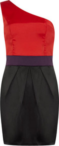 Red One Shoulder Satin Dress - length: mid thigh; neckline: v-neck; sleeve style: sleeveless; style: asymmetric (top); predominant colour: true red; occasions: evening, occasion; fit: body skimming; fibres: polyester/polyamide - stretch; hip detail: sculpting darts/pleats/seams at hip; waist detail: narrow waistband; shoulder detail: asymmetric shoulder detail/one shoulder; sleeve length: sleeveless; texture group: structured shiny - satin/tafetta/silk etc.; pattern type: fabric; pattern size: big & light; pattern: colourblock