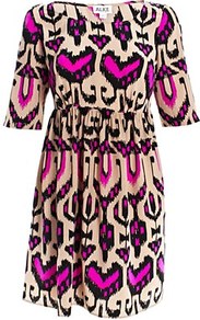 Sovereign Silk Dress - style: shift; length: mid thigh; neckline: round neck; waist detail: fitted waist; predominant colour: hot pink; occasions: casual, evening, work; fit: body skimming; fibres: silk - 100%; hip detail: soft pleats at hip/draping at hip/flared at hip; back detail: longer hem at back than at front; sleeve length: short sleeve; sleeve style: standard; texture group: structured shiny - satin/tafetta/silk etc.; pattern type: fabric; pattern size: big & busy; pattern: patterned/print