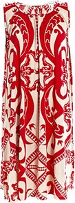 Puccinella Dress - style: shift; neckline: round neck; fit: loose; sleeve style: sleeveless; predominant colour: true red; occasions: casual, holiday; length: just above the knee; fibres: polyester/polyamide - 100%; hip detail: structured pleats at hip; sleeve length: sleeveless; pattern type: fabric; pattern size: small & busy; pattern: patterned/print; texture group: jersey - stretchy/drapey