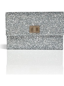 Silver Glitter Fabric Valorie Clutch - predominant colour: silver; occasions: evening, occasion; type of pattern: standard; style: clutch; length: hand carry; size: standard; material: fabric; embellishment: glitter; pattern: plain; trends: metallics; finish: metallic