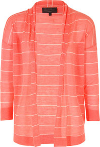 J8 Bh9 Jojo Knits Darcey Combo Open Cardigan - pattern: horizontal stripes; neckline: collarless open; style: open front; predominant colour: coral; occasions: casual, work; length: standard; fibres: wool - mix; fit: loose; sleeve length: 3/4 length; sleeve style: standard; texture group: knits/crochet; pattern type: knitted - other; pattern size: standard