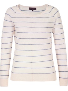 J8 Av9 Jojo Knits Bluebell Stripe Raglan Sleeve Knit - neckline: round neck; pattern: horizontal stripes; style: standard; predominant colour: ivory; occasions: casual, work; length: standard; fibres: wool - mix; fit: standard fit; sleeve length: long sleeve; sleeve style: standard; texture group: knits/crochet; pattern type: knitted - other; pattern size: standard
