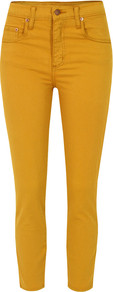 Cult Crop Honey Jeans - style: skinny leg; pattern: plain; pocket detail: small back pockets, pockets at the sides, traditional 5 pocket; waist: high rise; predominant colour: mustard; occasions: casual, evening; length: ankle length; fibres: cotton - stretch; texture group: denim; pattern type: fabric; pattern size: standard