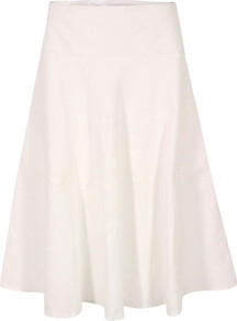 J3 Bg9 Sandbanks White Linen Tiered Skirt - length: below the knee; pattern: plain; fit: loose/voluminous; waist detail: fitted waist; waist: high rise; predominant colour: white; occasions: casual, holiday; style: a-line; fibres: linen - 100%; hip detail: structured pleats at hip, soft pleats at hip/draping at hip/flared at hip; texture group: cotton feel fabrics; pattern type: fabric