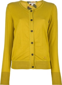 Long Sleeve Cardigan - neckline: round neck; bust detail: buttons at bust (in middle at breastbone)/zip detail at bust; predominant colour: mustard; occasions: casual, work; length: standard; style: standard; fibres: cotton - 100%; fit: standard fit; sleeve length: long sleeve; sleeve style: standard; texture group: knits/crochet; pattern type: knitted - fine stitch