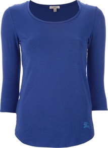 Scoop Neck T Shirt - neckline: round neck; pattern: plain; style: t-shirt; predominant colour: royal blue; occasions: casual, work; length: standard; fibres: cotton - stretch; fit: body skimming; sleeve length: 3/4 length; sleeve style: standard; pattern type: fabric; pattern size: standard; texture group: jersey - stretchy/drapey