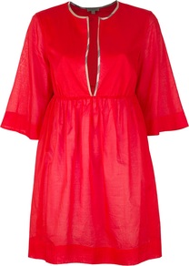 Cotton Kaftan - neckline: plunge; pattern: plain; sleeve style: kimono; style: kaftan; predominant colour: true red; occasions: casual, holiday; fibres: cotton - 100%; fit: empire; length: mid thigh; hip detail: soft pleats at hip/draping at hip/flared at hip; sleeve length: half sleeve; texture group: cotton feel fabrics; pattern type: fabric