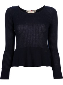 Ribbed Long Sleeve Top - neckline: round neck; waist detail: peplum waist detail; predominant colour: navy; occasions: casual, work; length: standard; style: top; fibres: cotton - 100%; fit: body skimming; sleeve length: long sleeve; sleeve style: standard; texture group: cotton feel fabrics; pattern type: fabric