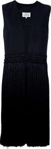 Tasseled Gilet - sleeve style: sleeveless; style: gilet; collar: standard lapel/rever collar; length: below the knee; predominant colour: black; occasions: casual, evening, occasion, holiday; fit: straight cut (boxy); fibres: cotton - mix; hip detail: added detail/embellishment at hip; sleeve length: sleeveless; collar break: low/open; pattern type: fabric; texture group: jersey - stretchy/drapey; embellishment: fringing
