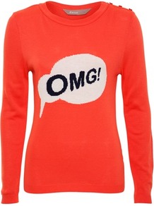 Coral Omg Jumper - style: standard; hip detail: fitted at hip; predominant colour: coral; occasions: casual; length: standard; fibres: acrylic - mix; fit: slim fit; neckline: crew; bust detail: contrast pattern/fabric/detail at bust; shoulder detail: added shoulder detail; sleeve length: long sleeve; sleeve style: standard; texture group: knits/crochet; trends: fluorescent; pattern type: knitted - other; pattern size: standard; pattern: patterned/print