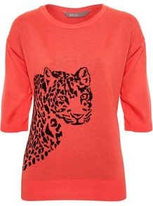 Coral Leopard Intarsia Jumper - style: standard; predominant colour: coral; occasions: casual; length: standard; fibres: acrylic - mix; fit: slim fit; neckline: crew; sleeve length: half sleeve; sleeve style: standard; texture group: knits/crochet; pattern type: knitted - fine stitch; pattern size: big & light; pattern: patterned/print