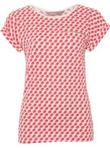Pink Double Spot Zip Pocket T Shirt - neckline: round neck; predominant colour: hot pink; occasions: casual; length: standard; style: top; fibres: cotton - stretch; fit: tailored/fitted; sleeve length: short sleeve; sleeve style: standard; pattern type: fabric; pattern size: small & busy; pattern: patterned/print; texture group: jersey - stretchy/drapey