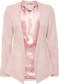 Pink Minimal Blazer - pattern: plain; style: single breasted blazer; collar: shawl/waterfall; predominant colour: blush; occasions: casual, evening, work, occasion; length: standard; fit: tailored/fitted; fibres: polyester/polyamide - mix; waist detail: fitted waist; sleeve length: long sleeve; sleeve style: standard; texture group: crepes; collar break: low/open; pattern type: fabric