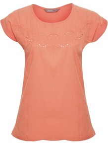 Coral Broderie Front T Shirt - neckline: round neck; style: t-shirt; predominant colour: pink; occasions: casual, work, holiday; length: standard; fibres: cotton - mix; fit: body skimming; bust detail: contrast pattern/fabric/detail at bust; sleeve length: short sleeve; sleeve style: standard; texture group: cotton feel fabrics; pattern type: fabric; pattern size: small & light; embellishment: embroidered