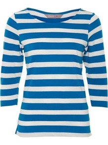Blue Zip Shoulder Stripe Top - neckline: round neck; pattern: horizontal stripes; style: t-shirt; predominant colour: royal blue; occasions: casual; length: standard; fibres: cotton - 100%; fit: straight cut; sleeve length: 3/4 length; sleeve style: standard; pattern type: fabric; pattern size: standard; texture group: jersey - stretchy/drapey