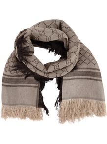G Lurex Scarf - predominant colour: stone; occasions: casual, work; type of pattern: standard; style: regular; size: standard; material: fabric; embellishment: fringing; pattern: monogram