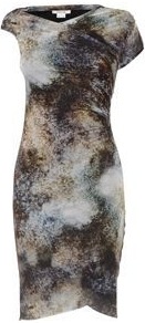 Jersey Print Fitted Drape Dress - neckline: v-neck; fit: tight; style: asymmetric (top); sleeve style: asymmetric sleeve; waist detail: fitted waist; hip detail: fitted at hip; occasions: casual, evening, occasion; length: just above the knee; fibres: polyester/polyamide - 100%; predominant colour: multicoloured; sleeve length: short sleeve; pattern type: fabric; pattern size: small & busy; pattern: patterned/print; texture group: jersey - stretchy/drapey