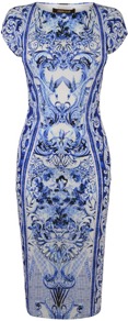Wedgewood Print Cap Sleeve Dress - neckline: round neck; sleeve style: capped; fit: tight; style: bodycon; waist detail: fitted waist; hip detail: fitted at hip; predominant colour: royal blue; occasions: evening, occasion; length: on the knee; fibres: polyester/polyamide - 100%; sleeve length: short sleeve; trends: statement prints; pattern type: fabric; pattern size: big & busy; pattern: patterned/print; texture group: other - light to midweight