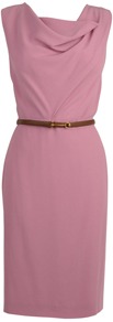 Satin Crepe Cowl Neck Belt Dress - style: shift; neckline: cowl/draped neck; pattern: plain; sleeve style: sleeveless; waist detail: belted waist/tie at waist/drawstring; bust detail: ruching/gathering/draping/layers/pintuck pleats at bust; predominant colour: pink; occasions: casual, evening, work, occasion; length: just above the knee; fit: body skimming; fibres: silk - mix; sleeve length: sleeveless; texture group: structured shiny - satin/tafetta/silk etc.; pattern type: fabric