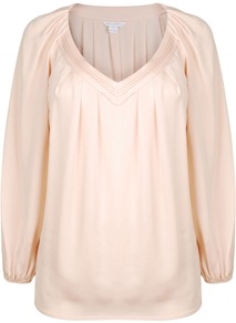 Silk Cahil Long Sleeve Top - neckline: low v-neck; pattern: plain; length: below the bottom; sleeve style: balloon; style: blouse; predominant colour: nude; occasions: casual, evening, work; fibres: silk - mix; fit: straight cut; shoulder detail: flat/draping pleats/ruching/gathering at shoulder; sleeve length: long sleeve; texture group: silky - light; bust detail: tiers/frills/bulky drapes/pleats; pattern type: fabric; pattern size: standard
