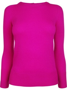 Cashmere Zip Back Jumper - style: standard; predominant colour: hot pink; occasions: casual, evening, work; length: standard; fibres: wool - mix; fit: standard fit; neckline: crew; sleeve length: long sleeve; sleeve style: standard; texture group: knits/crochet; trends: fluorescent; pattern type: knitted - fine stitch; pattern size: standard