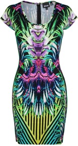 Jersey Geo Print Short Sleeve Fitted Dress - style: shift; length: mid thigh; sleeve style: capped; waist detail: fitted waist; hip detail: fitted at hip; predominant colour: emerald green; occasions: casual, evening, work, occasion; fit: body skimming; neckline: scoop; fibres: polyester/polyamide - stretch; sleeve length: short sleeve; trends: statement prints, glamorous day shifts, modern geometrics; pattern type: fabric; pattern size: small & busy; pattern: patterned/print; texture group: jersey - stretchy/drapey
