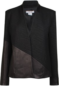 Leather Detail Jacket - pattern: plain; style: single breasted blazer; collar: shawl/waterfall; predominant colour: black; occasions: casual, evening, work, occasion; length: standard; fit: straight cut (boxy); fibres: polyester/polyamide - stretch; sleeve length: long sleeve; sleeve style: standard; collar break: medium; pattern type: fabric; pattern size: small & light; texture group: other - light to midweight