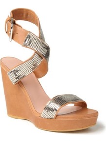 Metalmania Leather Wedge Sandals - predominant colour: camel; secondary colour: silver; occasions: casual, evening, holiday; material: leather; heel height: high; ankle detail: ankle strap; heel: wedge; toe: open toe/peeptoe; style: standard; finish: plain; pattern: plain; embellishment: chain/metal