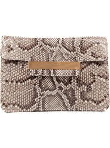 Python Clutch - predominant colour: taupe; occasions: evening, occasion; type of pattern: large; style: clutch; length: hand carry; size: standard; material: animal skin; pattern: animal print; finish: plain; embellishment: chain/metal
