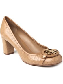 Aaden Mock Croc Courts - predominant colour: camel; occasions: evening, work; material: leather; heel height: mid; embellishment: buckles; heel: block; toe: round toe; style: courts; finish: plain; pattern: animal print