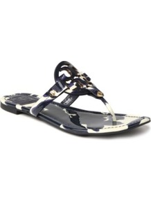 Miller Patent Leather Sandals - predominant colour: navy; occasions: casual, holiday; material: leather; heel height: flat; embellishment: buckles; heel: standard; toe: toe thongs; style: flip flops / toe post; finish: patent; pattern: animal print