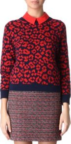 Lita Cheetah Jumper - style: standard; predominant colour: true red; occasions: casual, work; length: standard; fibres: cotton - mix; fit: standard fit; neckline: crew; sleeve length: long sleeve; sleeve style: standard; texture group: knits/crochet; trends: statement prints; pattern type: knitted - other; pattern size: small & busy; pattern: animal print