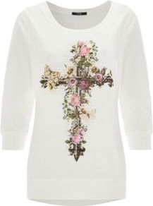 Floral Cross Sweatshirt Cream - neckline: round neck; bust detail: added detail/embellishment at bust; style: sweat top; predominant colour: ivory; occasions: casual, work; length: standard; fibres: cotton - mix; fit: body skimming; sleeve length: 3/4 length; sleeve style: standard; pattern type: fabric; pattern size: small & light; pattern: patterned/print; texture group: jersey - stretchy/drapey